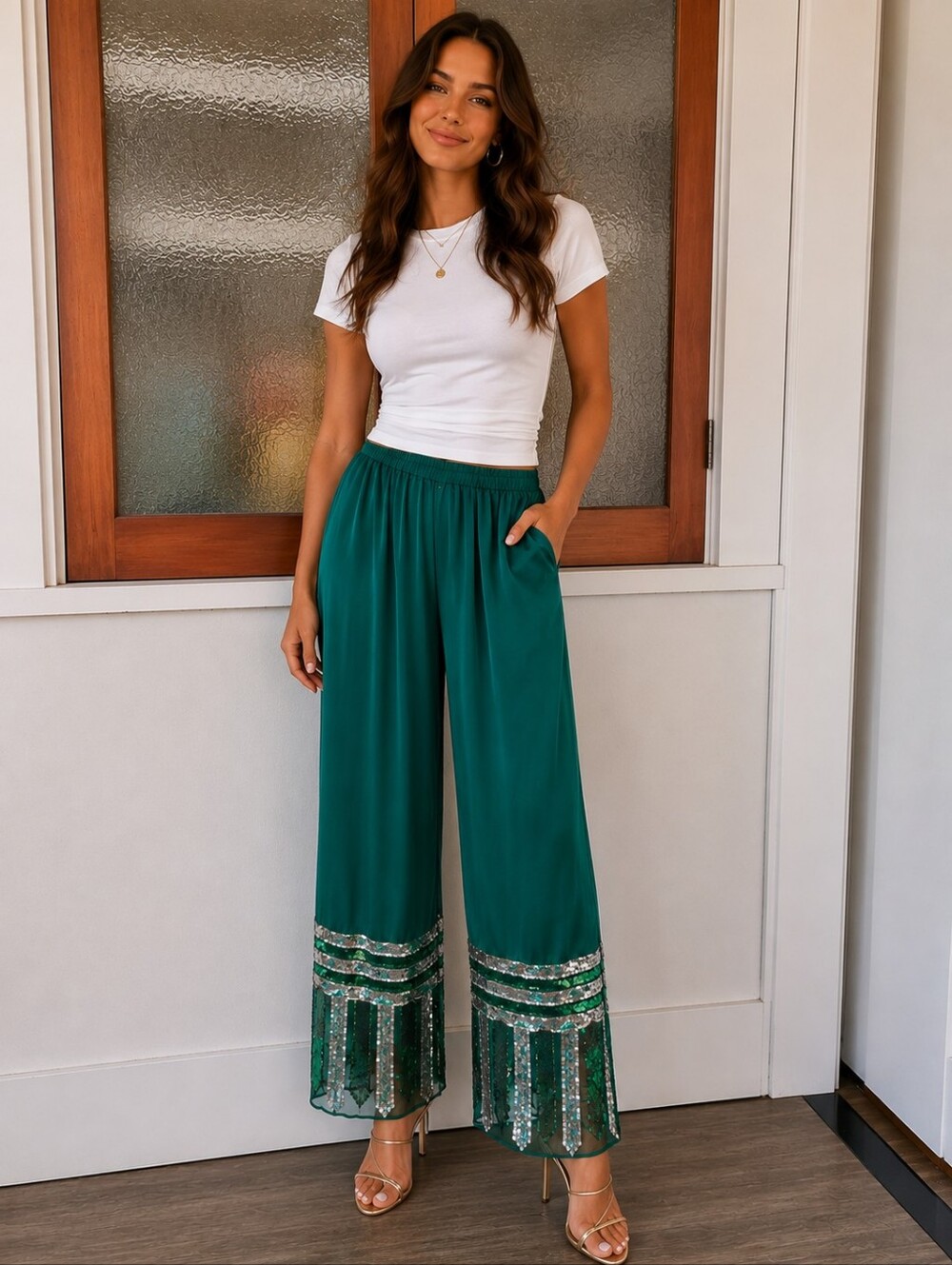 Green Indian Dress Pants With Sequin Hem | Sheer Overlay | 100% Silk